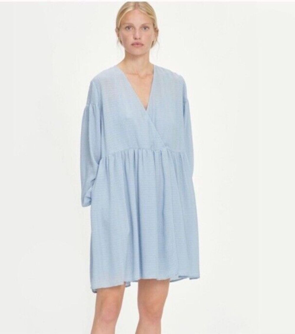 Samsoe Samsoe Jolie Dusty Blue Wrap Babydoll Mini Dress Size Large Long Sleeve